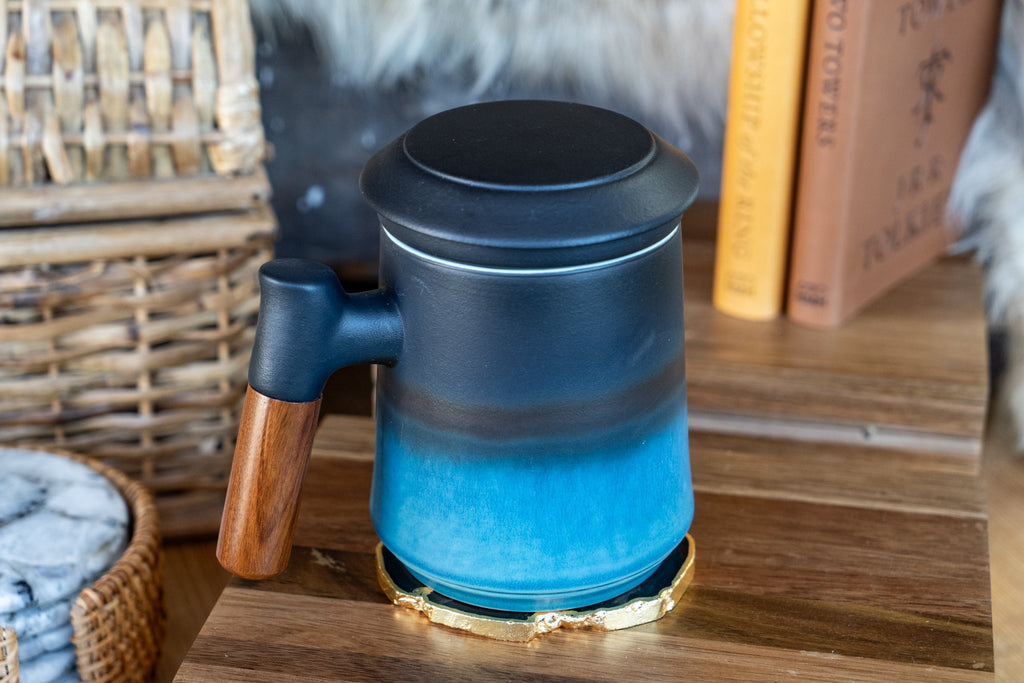Wood Handle Ceramic Tea Mug with Infuser & Lid