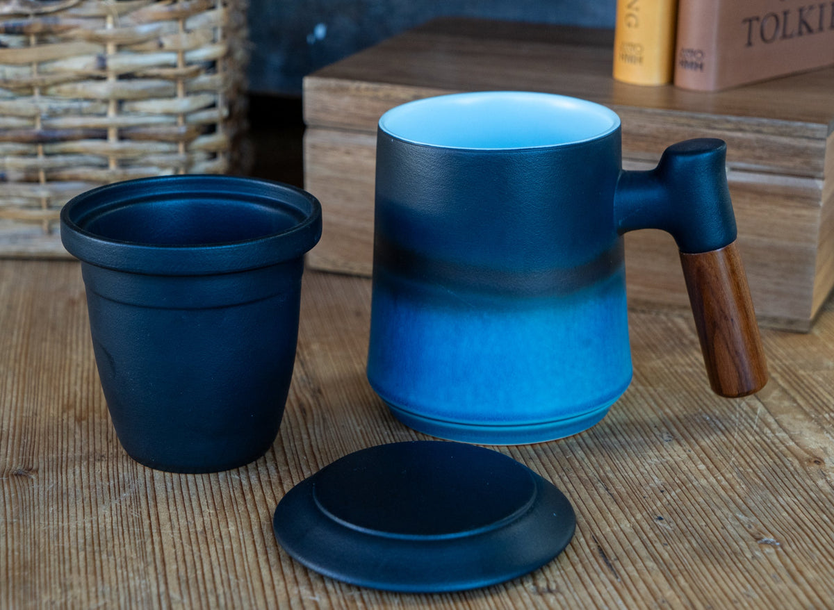 Wood Handle Ceramic Tea Mug with Infuser & Lid