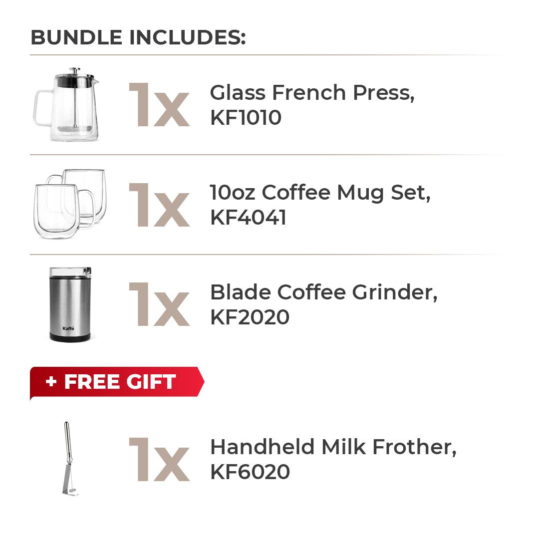 French Press Coffee Bundle – Glass Press, Double-Wall Mugs & Grinder + Free Milk Frother
