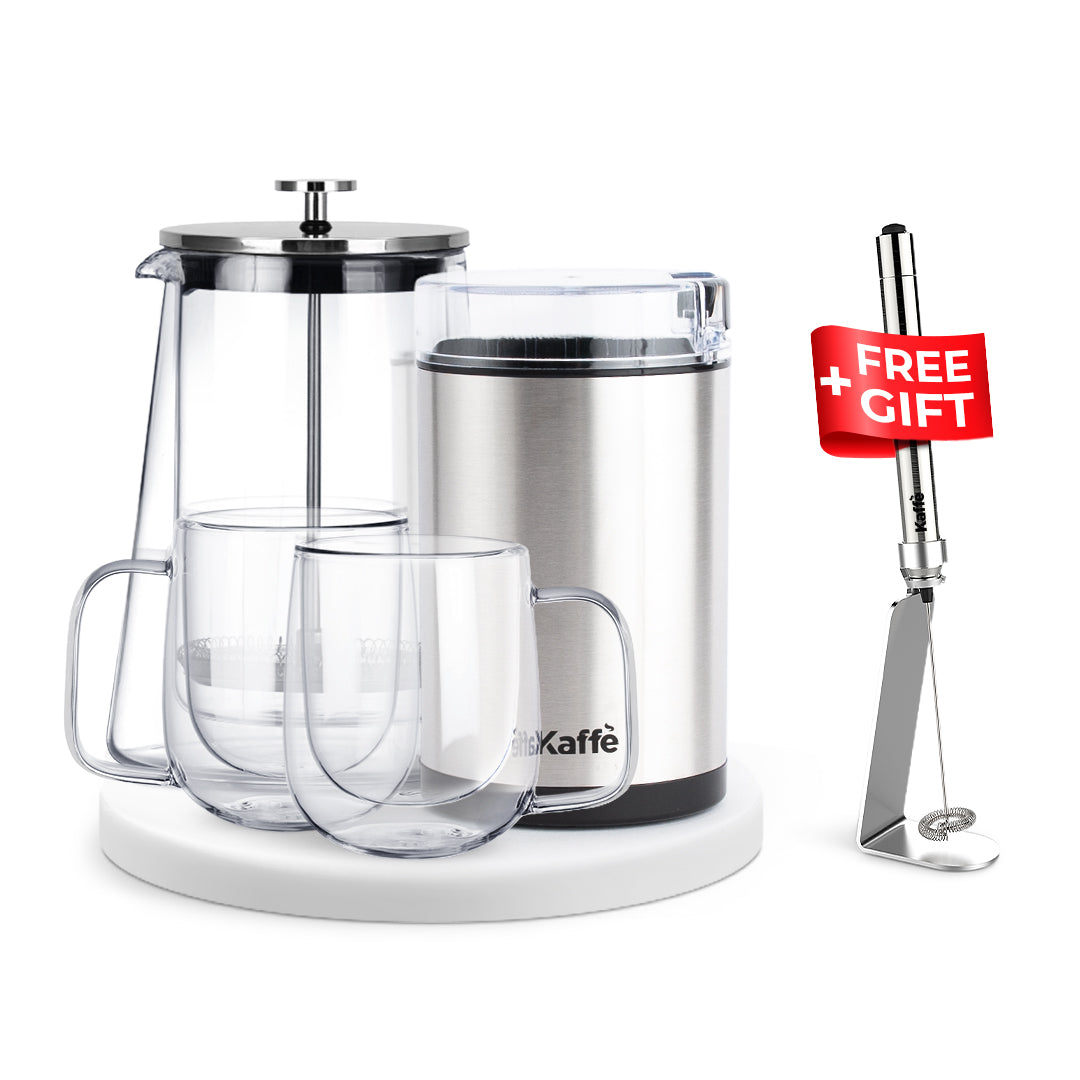 French Press Coffee Bundle – Glass Press, Double-Wall Mugs & Grinder + Free Milk Frother