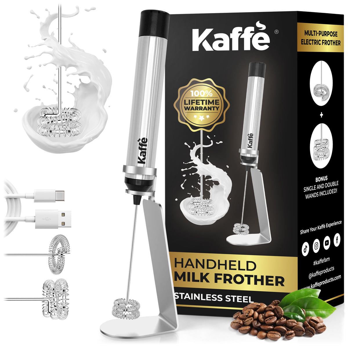 Rechargeable Handheld Milk Frother with Stand & 2 Whisks