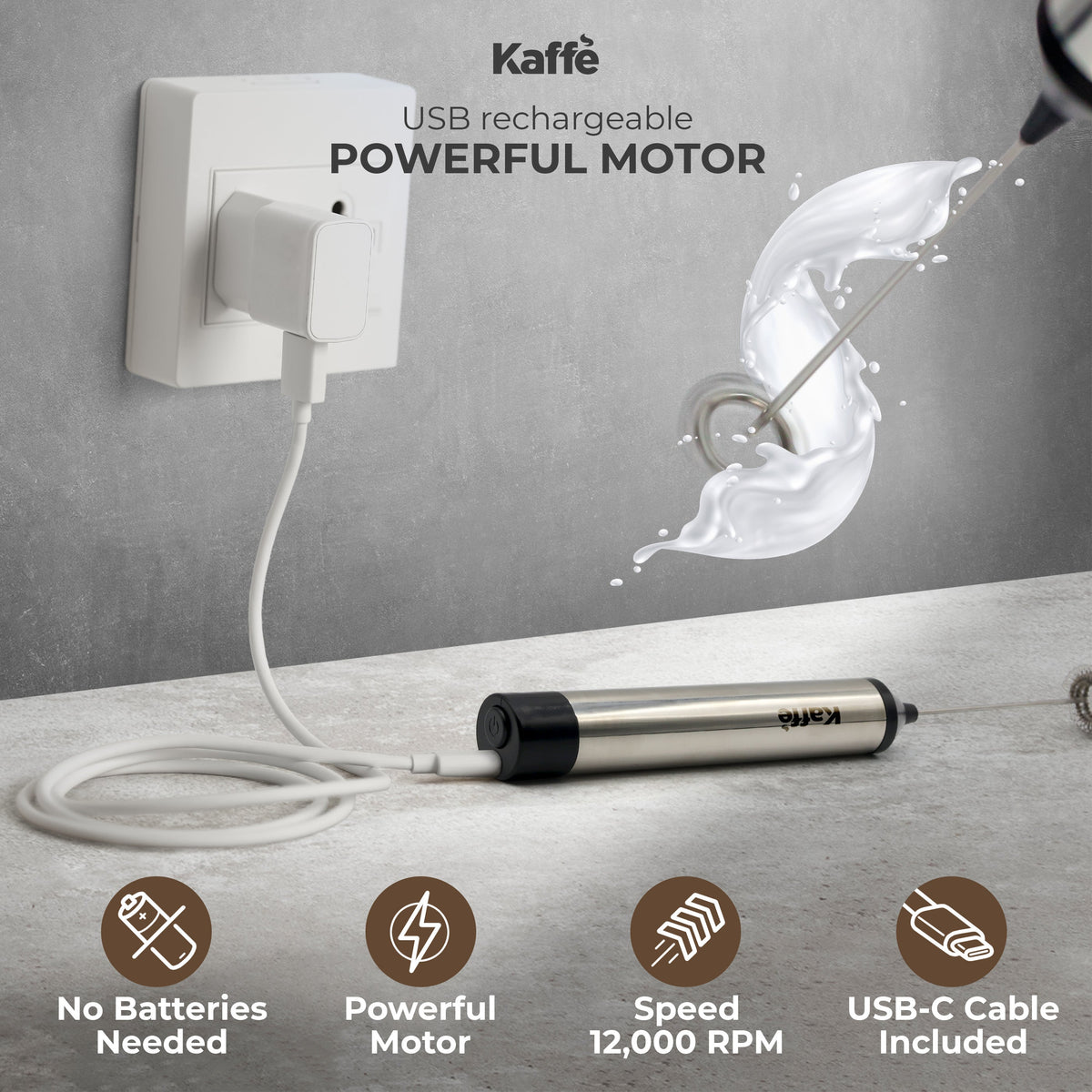 Rechargeable Handheld Milk Frother with Stand & 2 Whisks