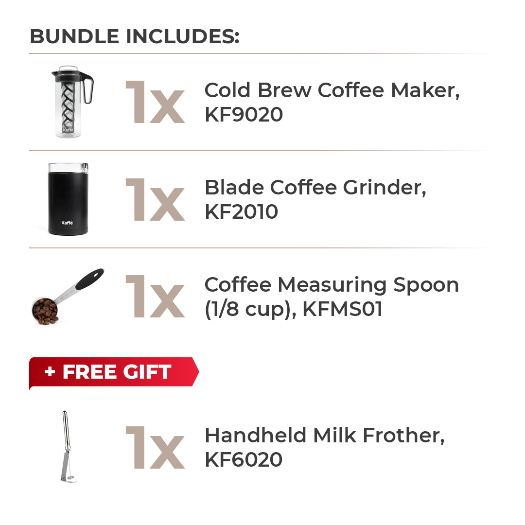 Cold Brew Ultimate Bundle – Black: Cold Brew Maker, Grinder & Coffee Scoop + Free Milk Frother