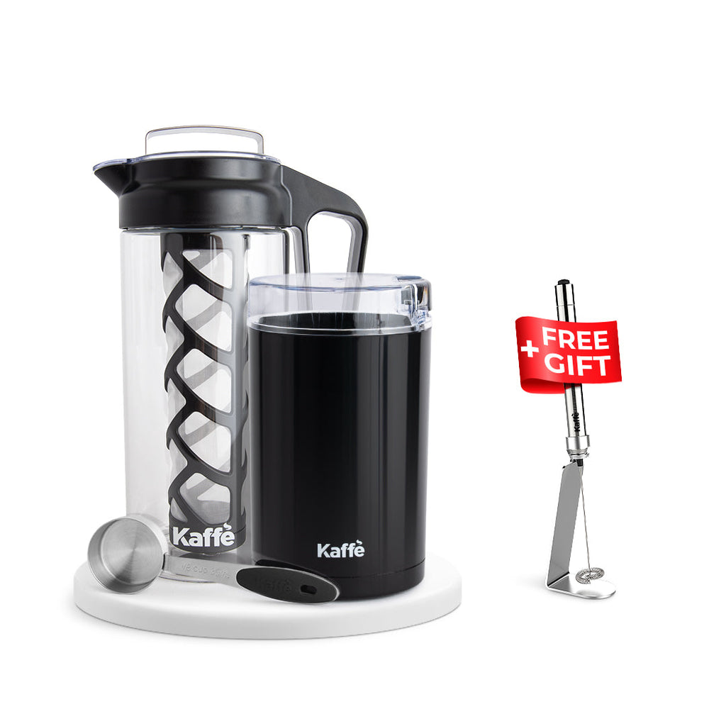 Cold Brew Ultimate Bundle – Black: Cold Brew Maker, Grinder & Coffee Scoop + Free Milk Frother