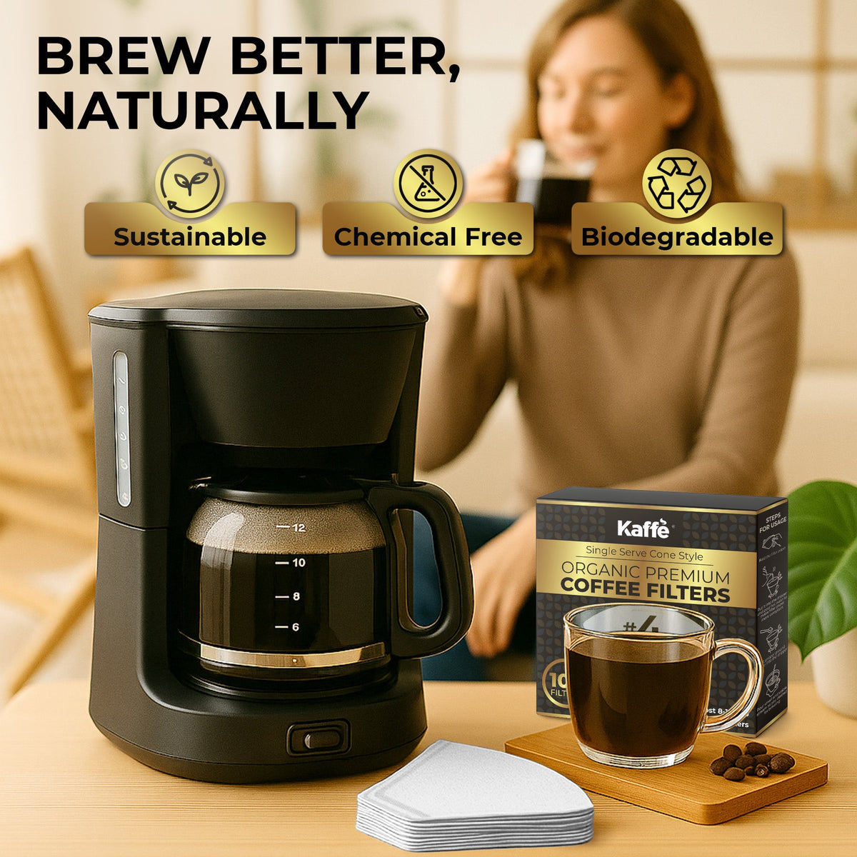 Natural Unbleached #4 Cone Coffee Filters – 100 Count
