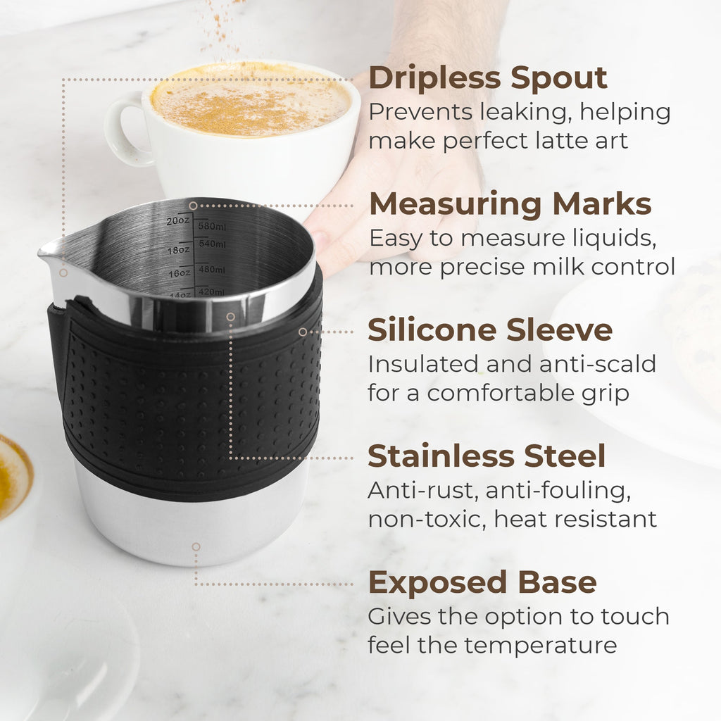 Stainless Steel Milk Frothing Pitcher with Silicone Grip – 20 oz (600 ml)