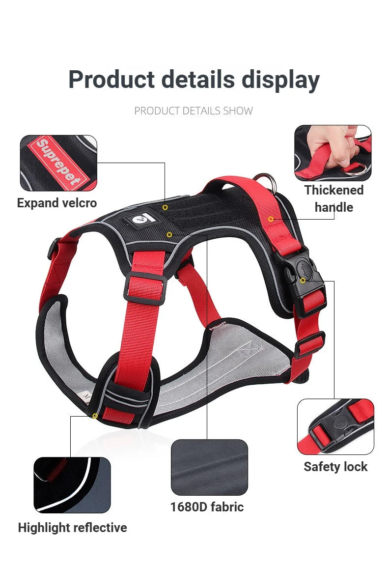 Heavy-Duty Adjustable Dog Harness with Reflective Trim & Front Handle — S to XL