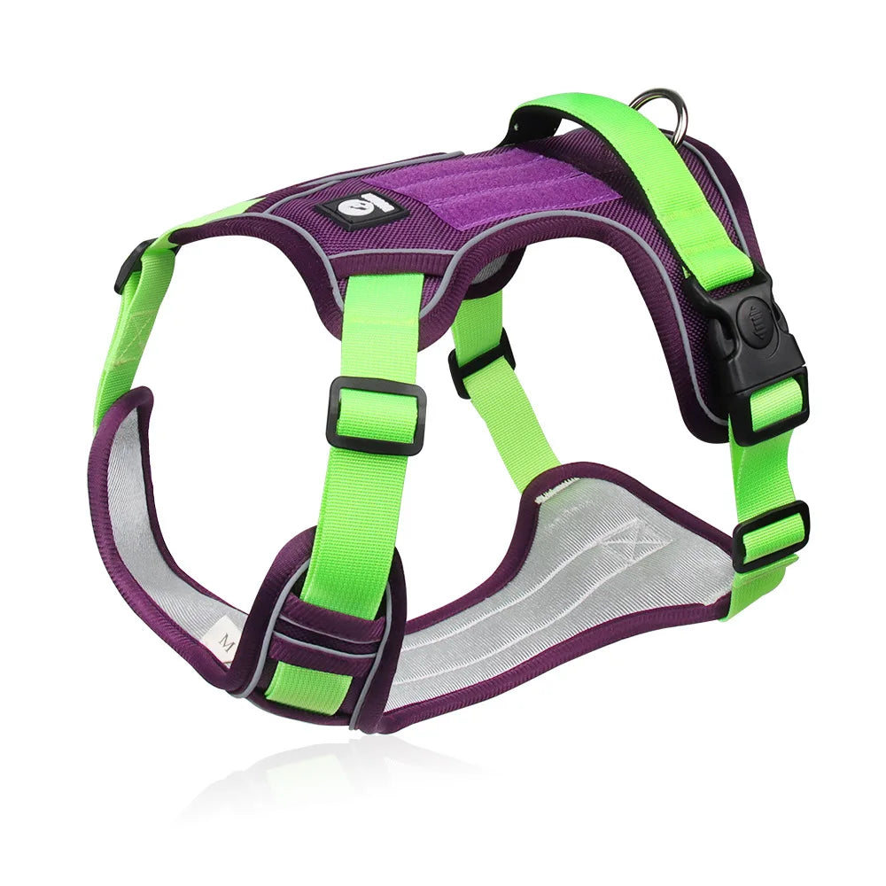 Heavy-Duty Adjustable Dog Harness with Reflective Trim & Front Handle — S to XL