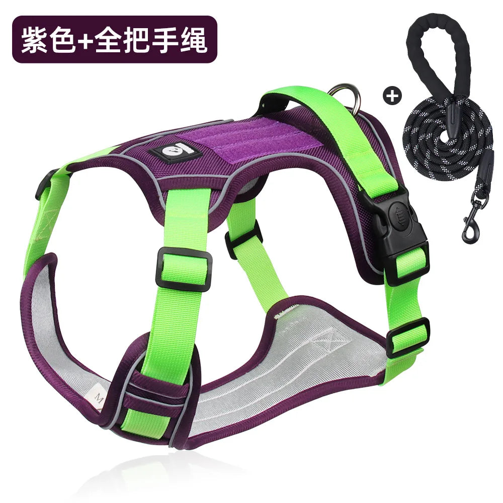 Heavy-Duty Adjustable Dog Harness with Reflective Trim & Front Handle — S to XL