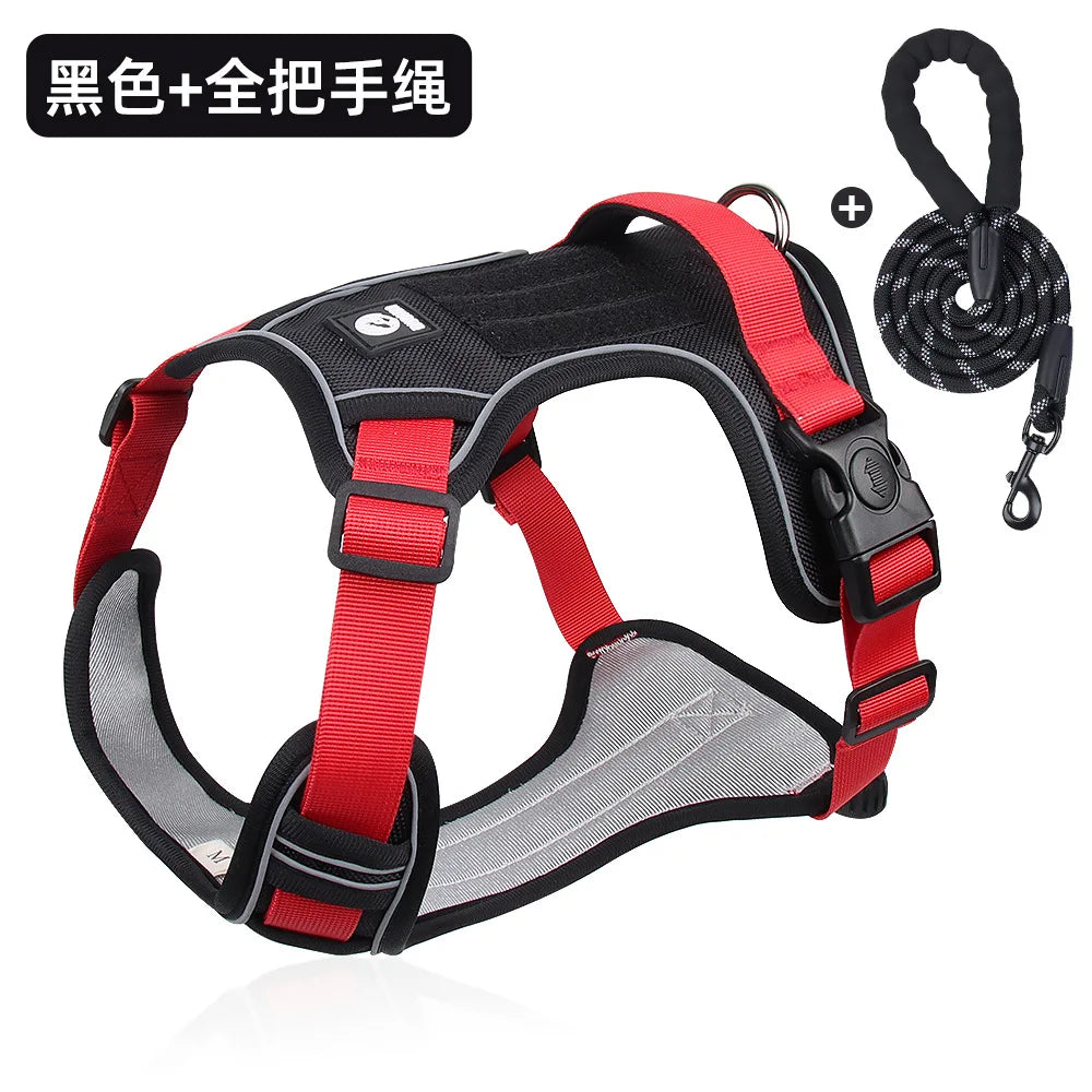 Heavy-Duty Adjustable Dog Harness with Reflective Trim & Front Handle — S to XL