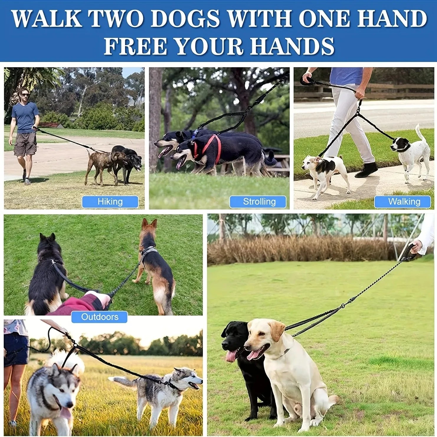 Pet Dog Double Leashes Dog Leash Rope Elastic Extended Pet Leash Belt Outdoor Training for Two Double Small Medium Dogs Lead