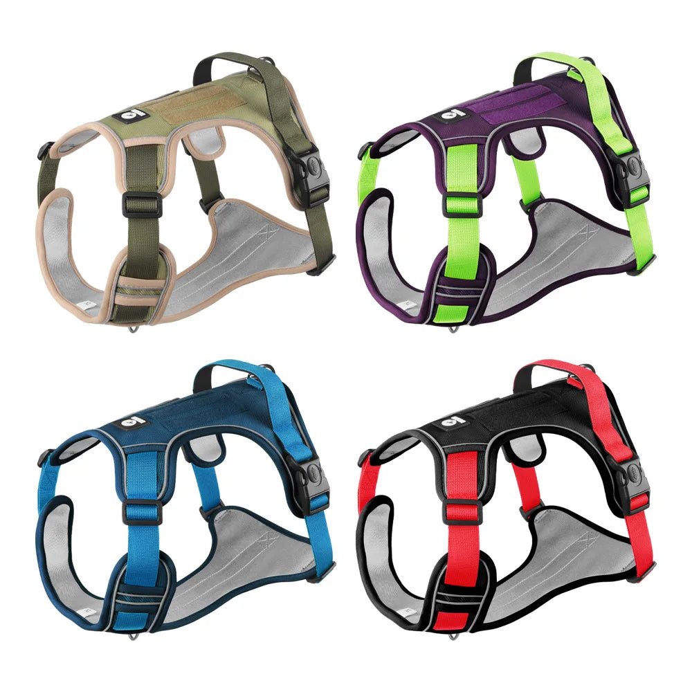 Heavy-Duty Adjustable Dog Harness with Reflective Trim & Front Handle — S to XL