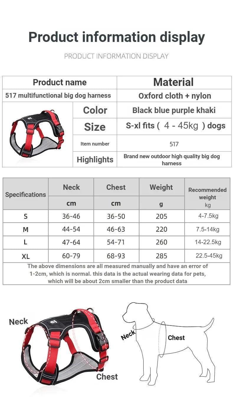 Heavy-Duty Adjustable Dog Harness with Reflective Trim & Front Handle — S to XL