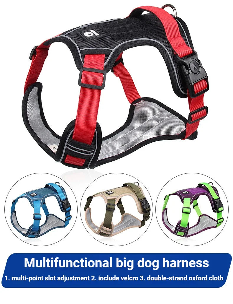 Heavy-Duty Adjustable Dog Harness with Reflective Trim & Front Handle — S to XL