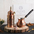 Handmade Hammered Copper Turkish Coffee Set – Cezve, Airtight Canister & Brass Spoon