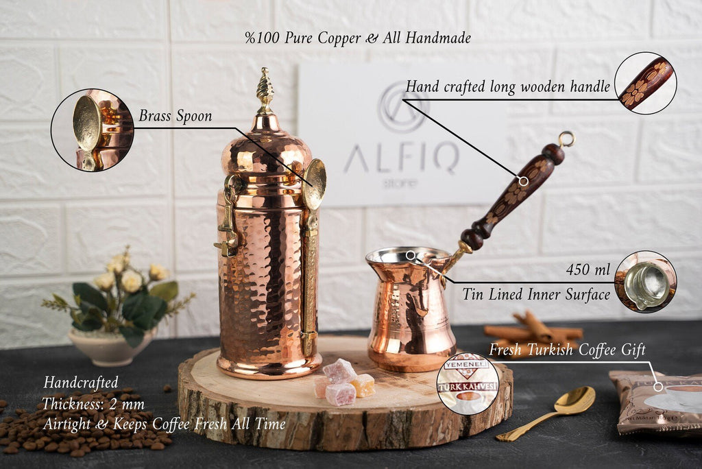 Handmade Hammered Copper Turkish Coffee Set – Cezve, Airtight Canister & Brass Spoon