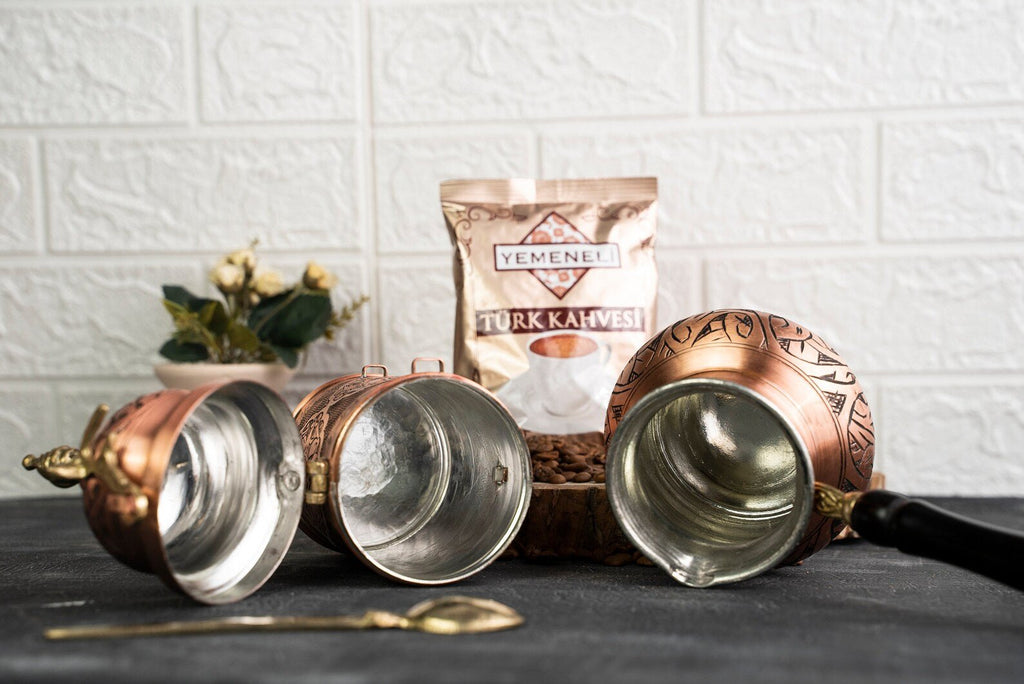 Handmade Hammered Copper Turkish Coffee Set – Cezve, Airtight Canister & Brass Spoon