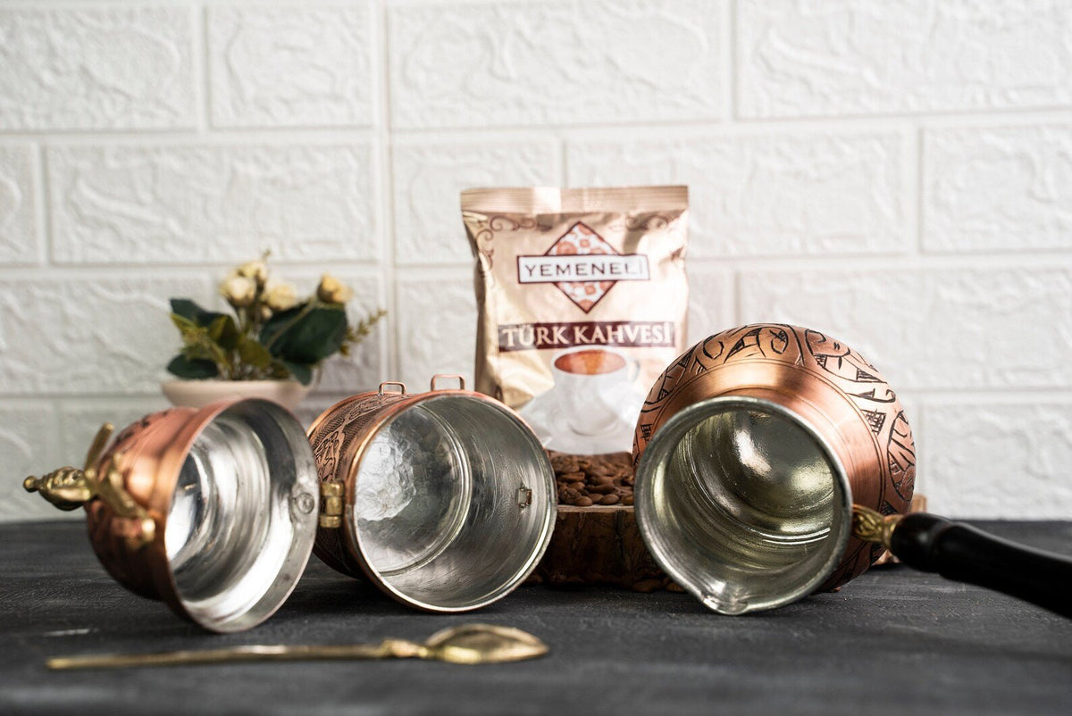 Handmade Hammered Copper Turkish Coffee Set – Cezve, Airtight Canister & Brass Spoon