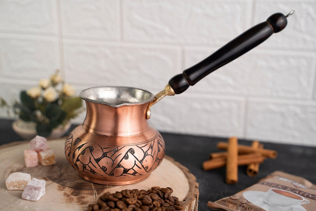 Handmade Hammered Copper Turkish Coffee Set – Cezve, Airtight Canister & Brass Spoon