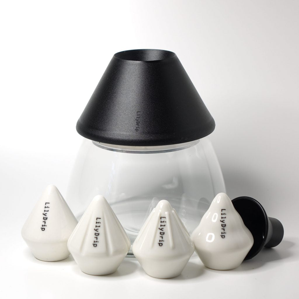 LilyDrip Family Set – 4 Ceramic Pour-Over Inserts, Filter Shapers & Glass Storage Jar