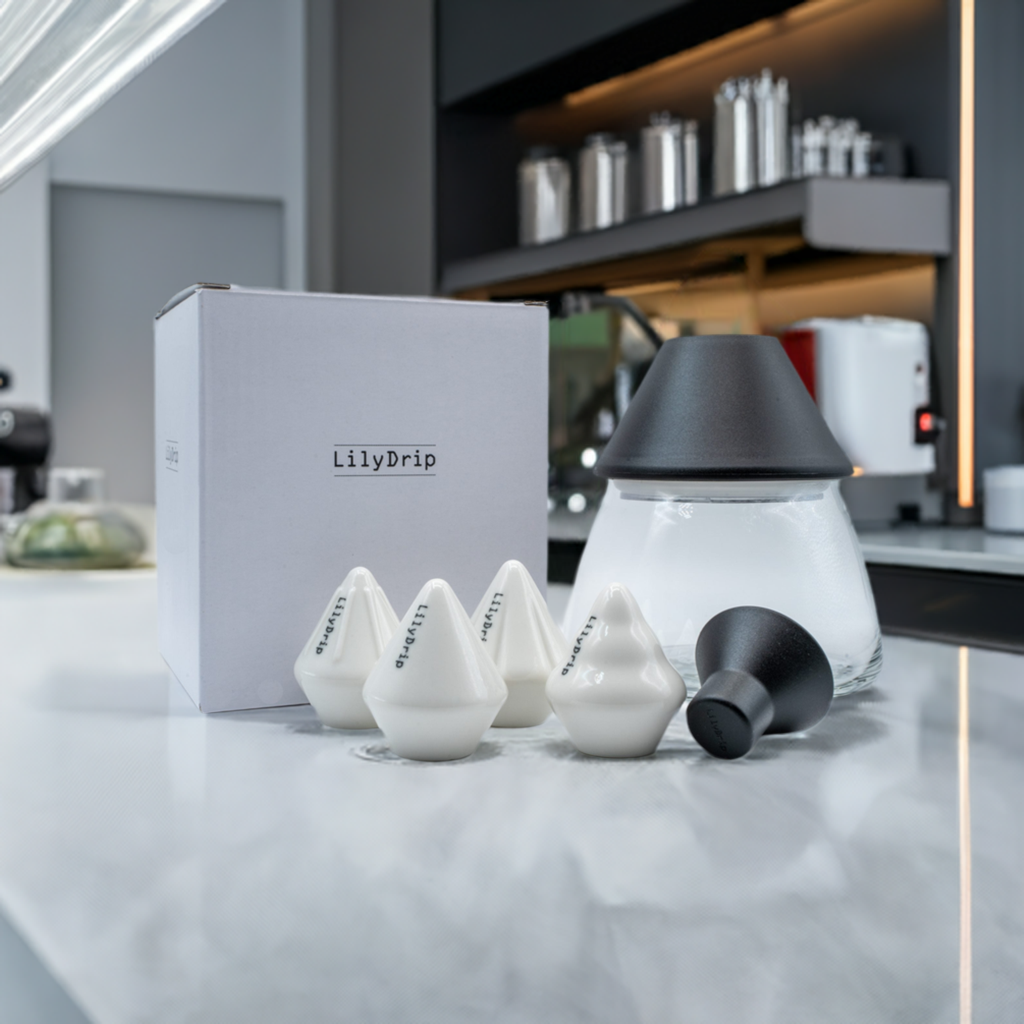 LilyDrip Family Set – 4 Ceramic Pour-Over Inserts, Filter Shapers & Glass Storage Jar