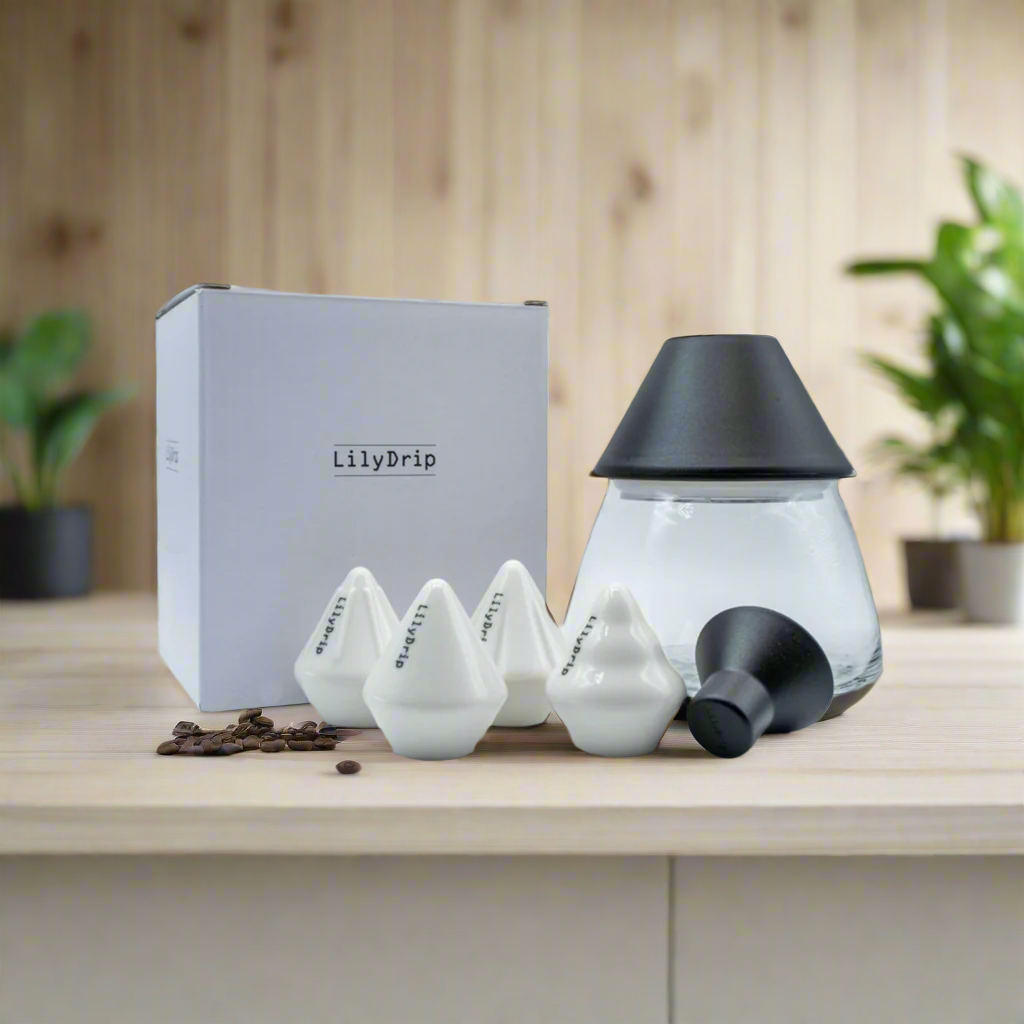 LilyDrip Family Set – 4 Ceramic Pour-Over Inserts, Filter Shapers & Glass Storage Jar