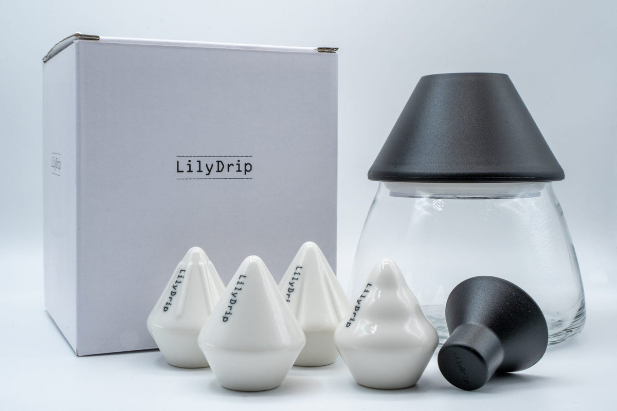 LilyDrip Family Set – 4 Ceramic Pour-Over Inserts, Filter Shapers & Glass Storage Jar