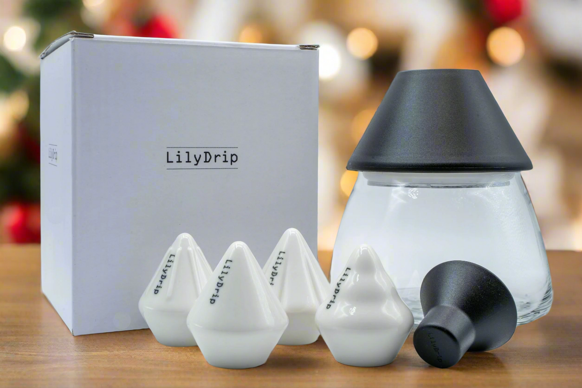 LilyDrip Family Set – 4 Ceramic Pour-Over Inserts, Filter Shapers & Glass Storage Jar