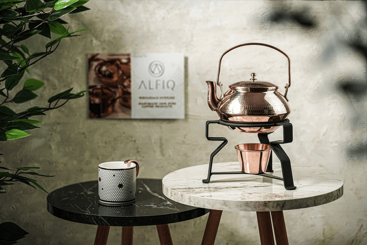 Handmade Hammered Copper Tea Kettle with Iron Warmer Stand – 1.6 qt