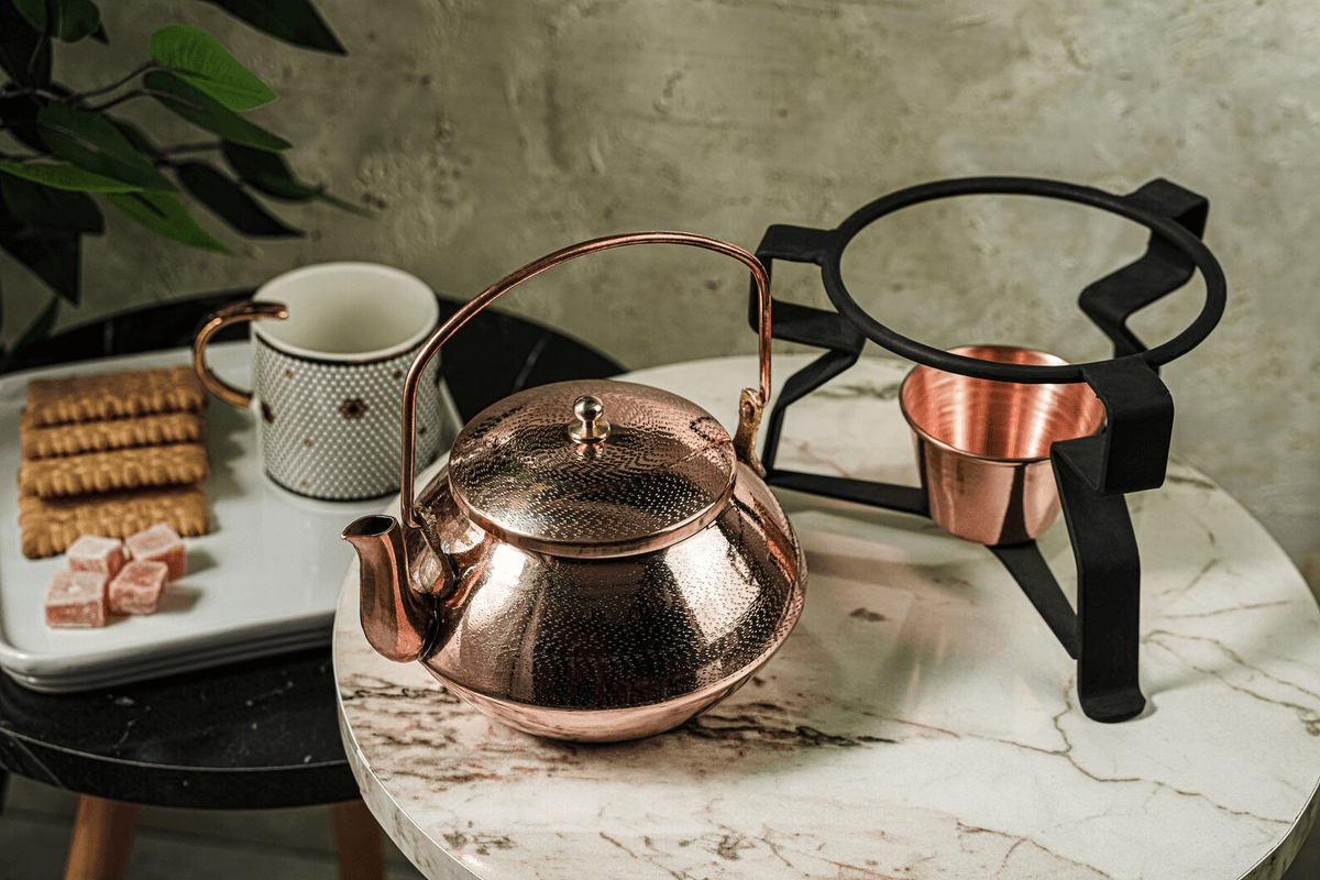 Handmade Hammered Copper Tea Kettle with Iron Warmer Stand – 1.6 qt