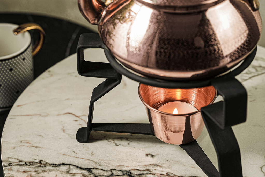 Handmade Hammered Copper Tea Kettle with Iron Warmer Stand – 1.6 qt