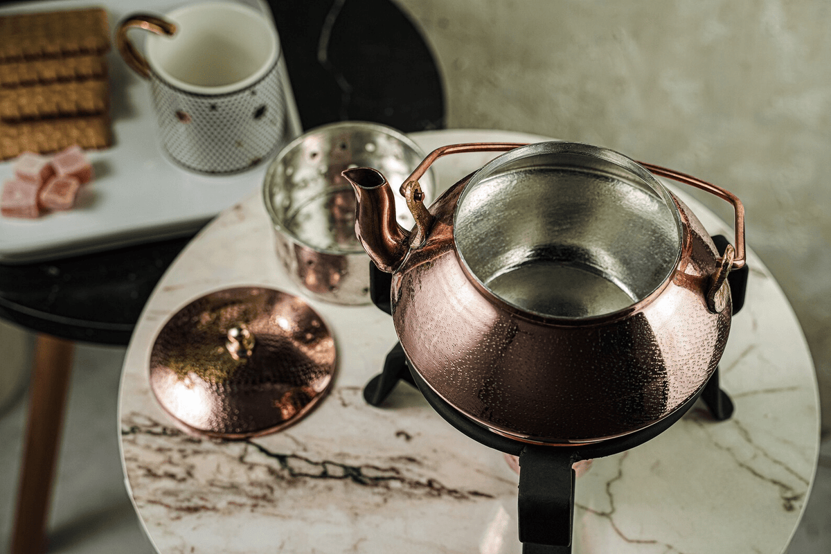 Handmade Hammered Copper Tea Kettle with Iron Warmer Stand – 1.6 qt