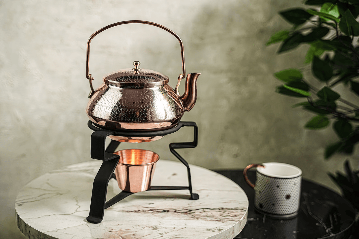 Handmade Hammered Copper Tea Kettle with Iron Warmer Stand – 1.6 qt