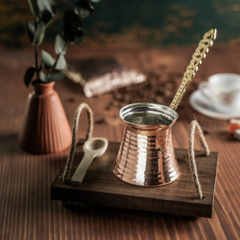 Handmade Hammered Copper Turkish Coffee Pot (Cezve) with Ornate Brass Handle