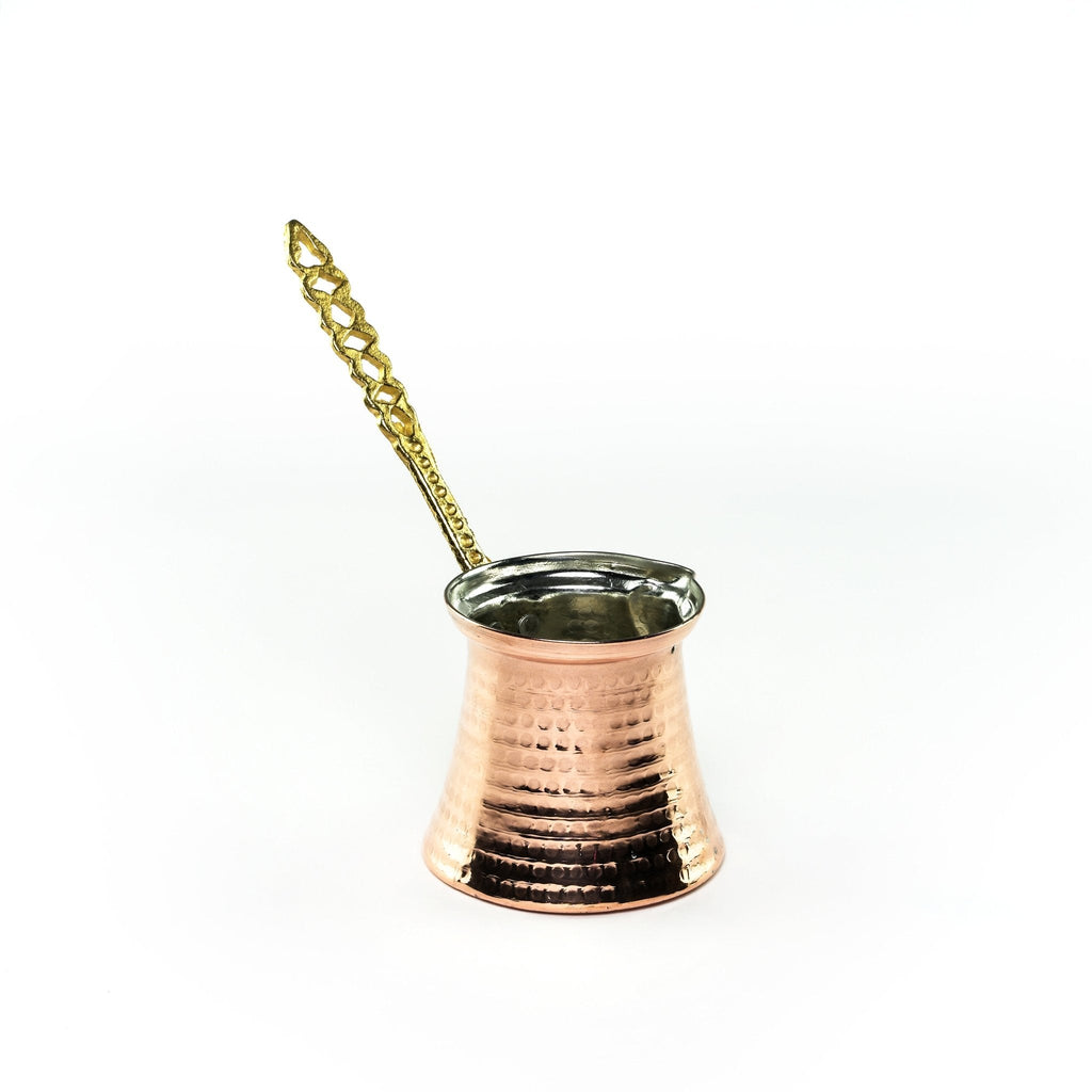 Handmade Hammered Copper Turkish Coffee Pot (Cezve) with Ornate Brass Handle