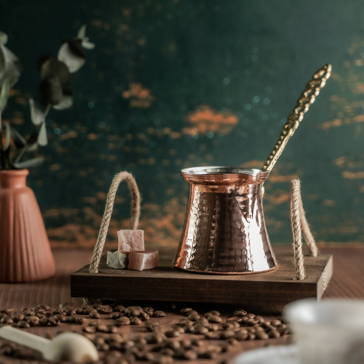 Handmade Hammered Copper Turkish Coffee Pot (Cezve) with Ornate Brass Handle