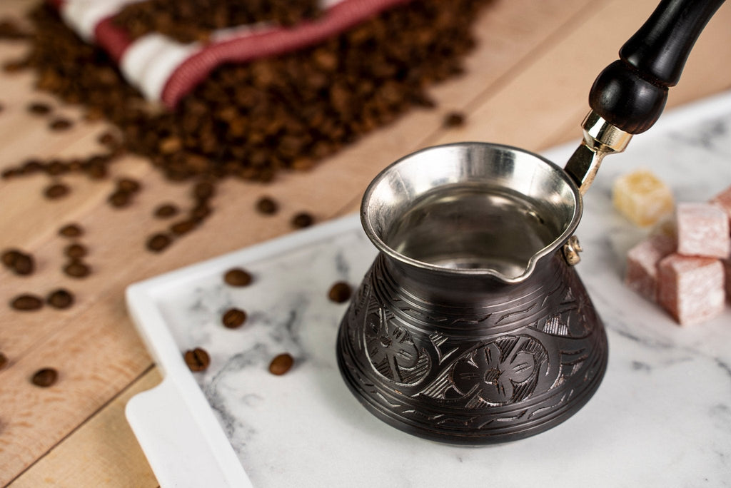 Handmade Dark Copper Turkish Coffee Pot (Cezve) with Wooden Handle – 13.5 oz, Serves 2