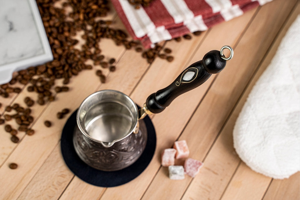 Handmade Dark Copper Turkish Coffee Pot (Cezve) with Wooden Handle – 13.5 oz, Serves 2