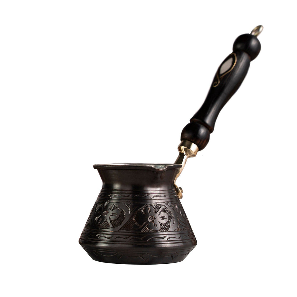 Handmade Dark Copper Turkish Coffee Pot (Cezve) with Wooden Handle – 13.5 oz, Serves 2