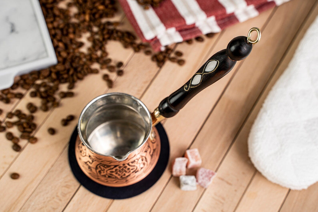 Handmade Dark Copper Turkish Coffee Pot (Cezve) with Wooden Handle – 13.5 oz, Serves 2