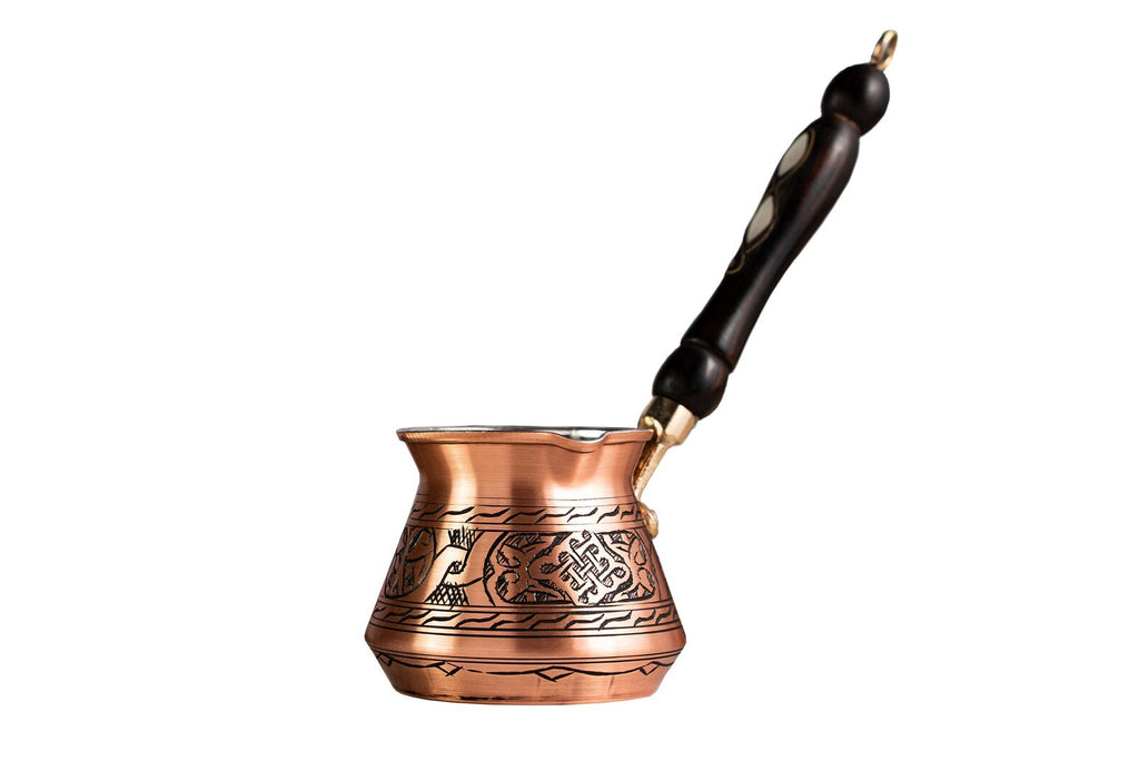 Handmade Dark Copper Turkish Coffee Pot (Cezve) with Wooden Handle – 13.5 oz, Serves 2